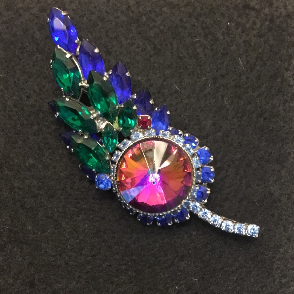 Watermelon Colored Rivoli Layered Rhinestone Brooch - Picture 2 of 13